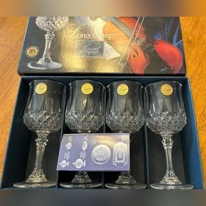 4 NEW CRISTAL D'ARQUES Longchamp crystal wine glasses. Made in France.